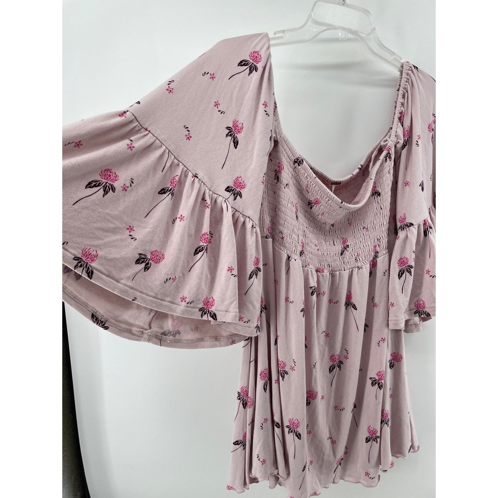 Free People Top Women Medium Pink Floral Off The Shoulder Bell Sleeve Boho Fairy